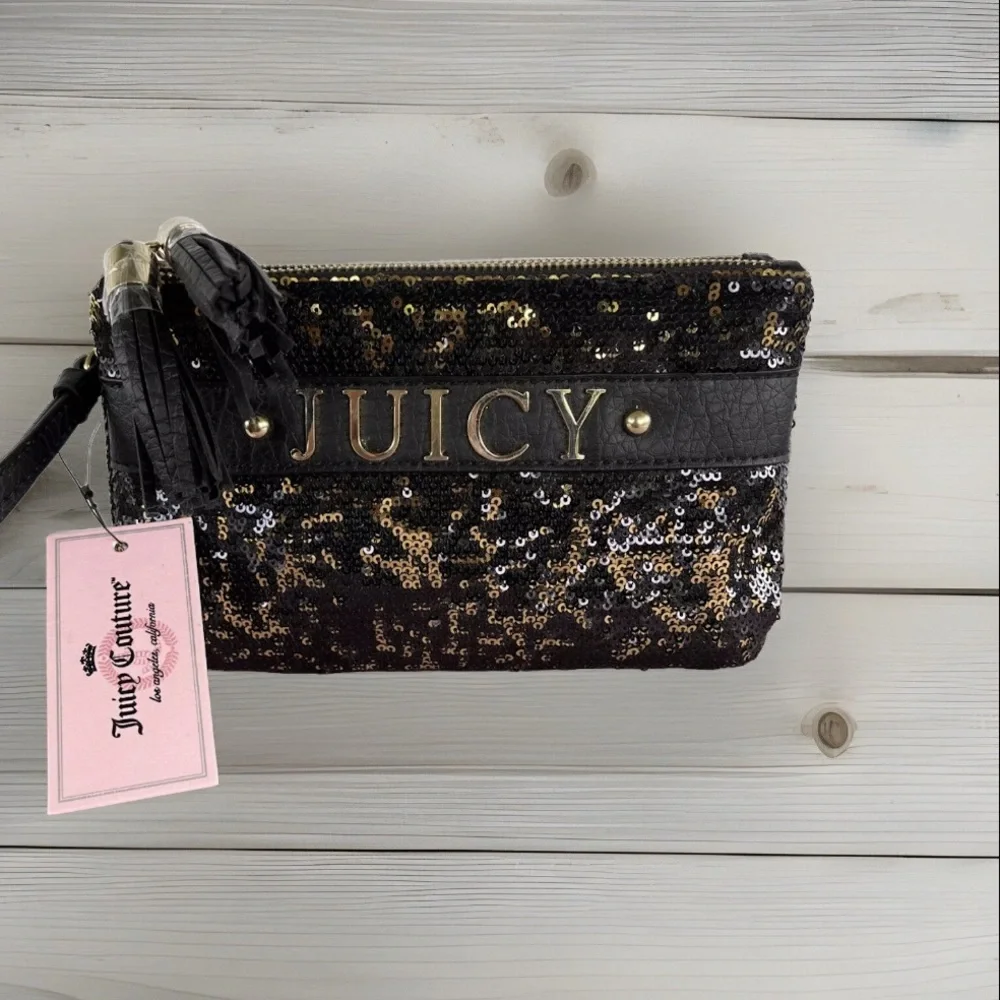 NWT Juicy Couture Gold and Black Sequin Double Zipper Wristlet Clutch - Picture 2 of 6